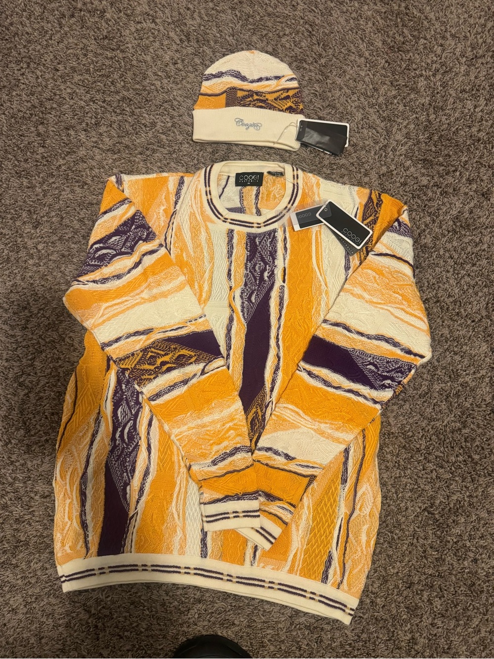 COOGI Men's Bold Orange, Purple & Cream Textured Knit Sweater